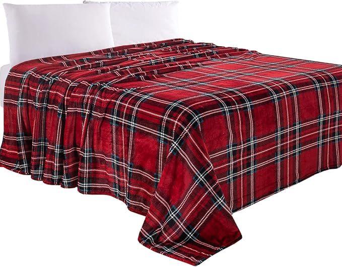 Elegant Comfort Luxury Velvety Feel Blanket, All-Season Lightweight Blanket, Ultra Plush, Soft, Cozy-Fuzzy Flannel Fleece for Couch, Sofa, Bed, Travel, Plaid Design, King/California King, Burgundy