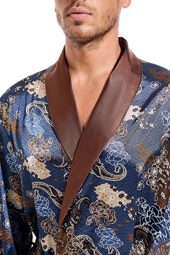 Lavenderi Mens Silky Satin Lounge Robe, Long Lightweight Sleepwear