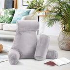 Clara Clark Reading Pillow with Shredded Memory Foam Includes 2 Neck and Lumber Support Pillows, Designed for Sitting Up in Bed and Couch, Back and Arms Adjustable Support for Adults, Grey Lavender