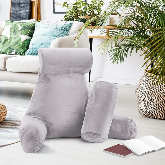 Clara Clark Reading Pillow with Shredded Memory Foam Includes 2 Neck and Lumber Support Pillows, Designed for Sitting Up in Bed and Couch, Back and Arms Adjustable Support for Adults, Grey Lavender