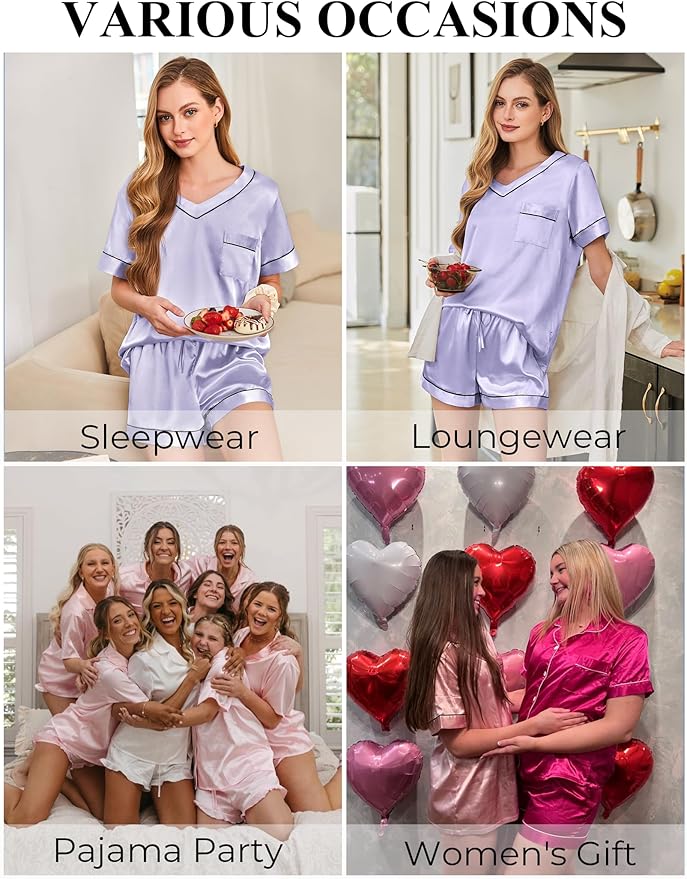 Silk Pajamas for Women Short Sleeve Satin 2 Piece Pj Set Soft V Neck Sleepwear Loungewear, S-XXL