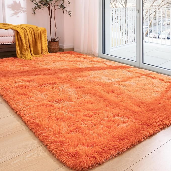 Softlife Orange Area Rug for Living Room, Fluffy Shag Plush 6x9 Rugs for Bedroom Girls, Shaggy Soft Fuzzy Kids Large Carpet for Dorm Bedside Ultra Cozy Non-Slip Indoor Decor