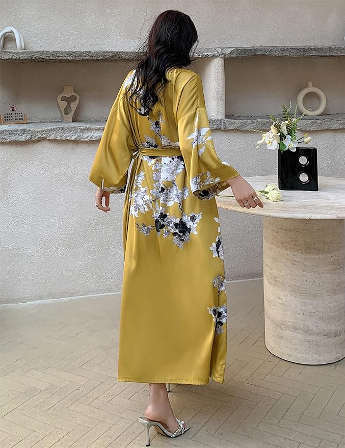 Kihnop Women's Floral Long Kimono Robe Long Satin Robe Long Silk Robe Ladies Kimonos Silky Bathrobe Cover Up, One Size