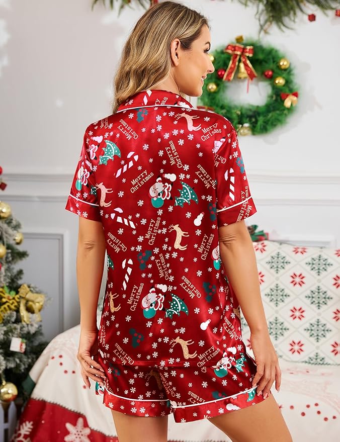 SWOMOG Womens Silk Satin Pajamas Set Short Sleeve Sleepwear Button Down Top and Shorts Loungewear 2 Piece Pjs Set XS-3XL