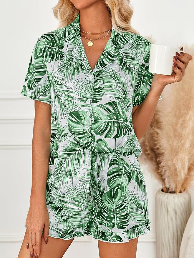 LILLUSORY Womens Satin Silk Pajamas Set 2 Piece Ruffle Pjs Winter Matching Lounge Sleepwear Button Down Striped Shirt Shorts