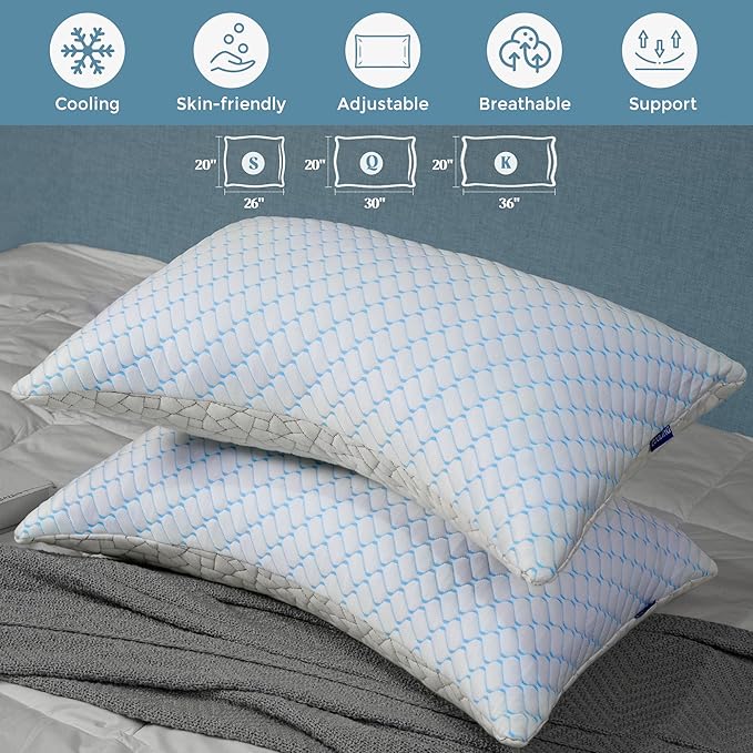 WOLKI King Size Pillows Set of 2 Shredded Memory Foam Pillows 2 Pack, Adjustable Firm Pillow for Side Sleepers, Back, Stomach, Hot Sleepers (20x36)