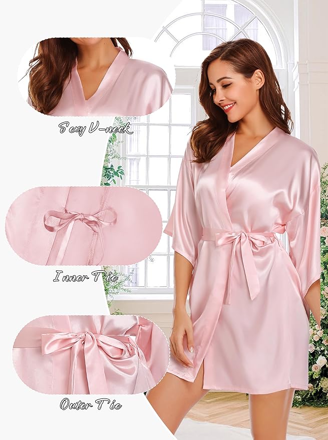 Women's Short Satin Robe Silky Bathrobes Bridal Bridesmaid Kimono Robe V-Neck Sleepwear S-XXL