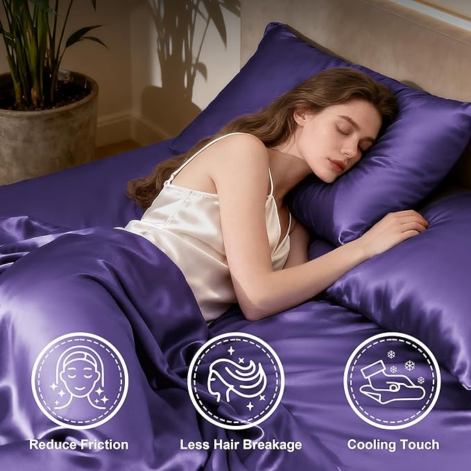 Love's cabin Twin Satin Sheets Sets - 3 Piece Purple Silky Bed Sheets with Deep Pockets, Luxury Silk Feel Satin Twin Size Sheet Set Bedding Set (1 Flat Sheet,1 Fitted Sheet,1 Pillow case)