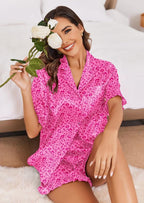 Ekouaer Satin Pajama Set for Women Button Down Silk 2 Piece Pj Sets Ruffle Short Sleeve Sleepwear