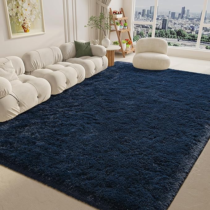 Navy Blue Area Rug 8x10 Large Rugs for Living Room Bedroom, Fluffy Soft Rug Modern Carpets for Kids Room, Non-Skid Rectangular Indoor Rug for Girls Boys Playroom Nursery Room Home Decor