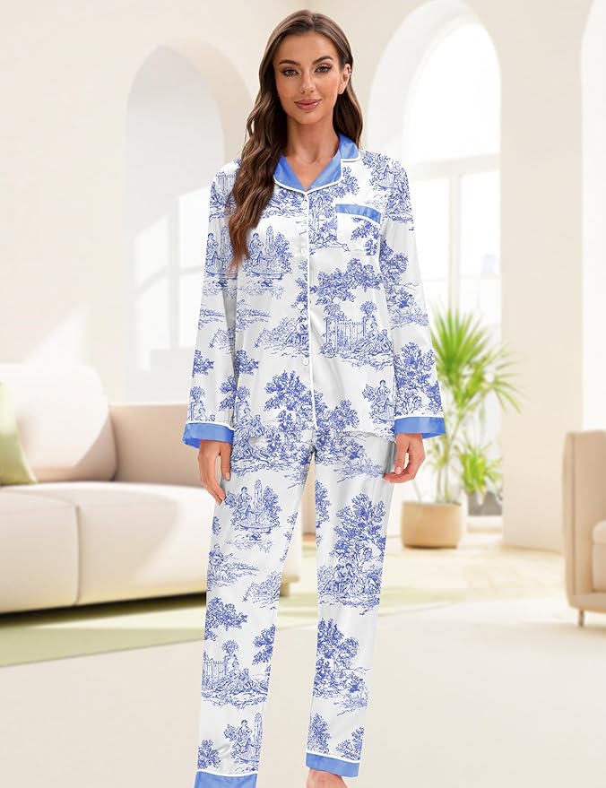 EPLAZA Silk Pajamas for Women Satin Pajamas Set 5 Pcs Long Sleeve Print Pattern Button Down Pjs Sleepwear Loungewear Set