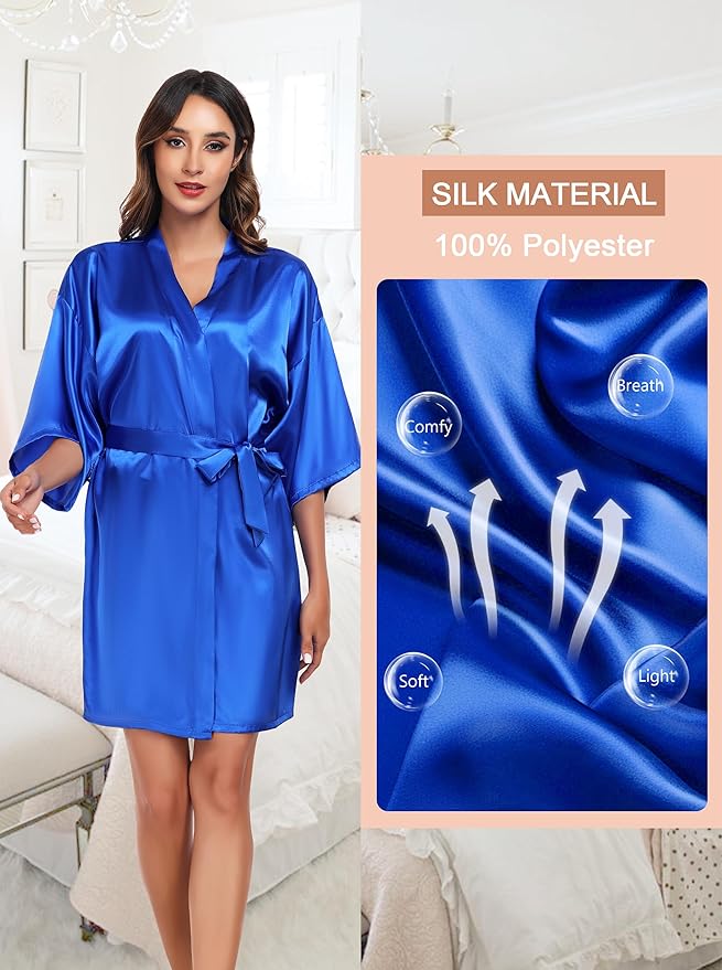 Women's Short Satin Robe Silky Bathrobes Bridal Bridesmaid Kimono Robe V-Neck Sleepwear S-XXL