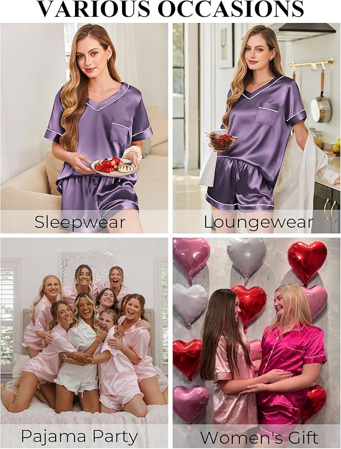 Silk Pajamas for Women Short Sleeve Satin 2 Piece Pj Set Soft V Neck Sleepwear Loungewear, S-XXL