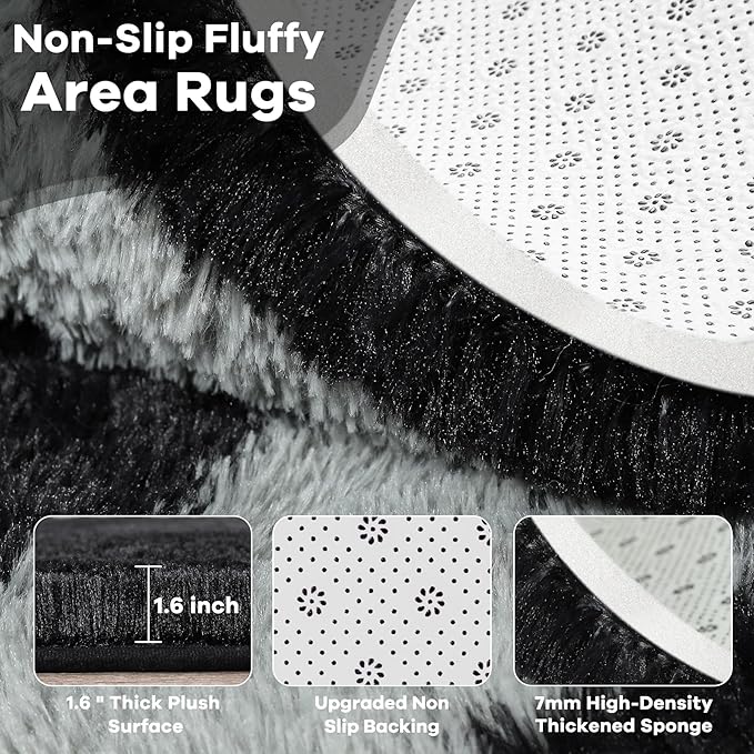 Noahas Large Fluffy 6x9 Area Rugs for Living Room Bedroom,Thick Shag Black and Grey Throw Rug,Big Soft Shaggy Bedside Non-Slip Plush Dorm Nursery Kids Carpet