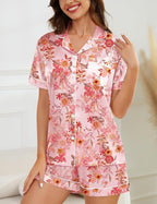 SWOMOG Womens Silk Satin Pajamas Set Short Sleeve Sleepwear Button Down Top and Shorts Loungewear 2 Piece Pjs Set XS-3XL