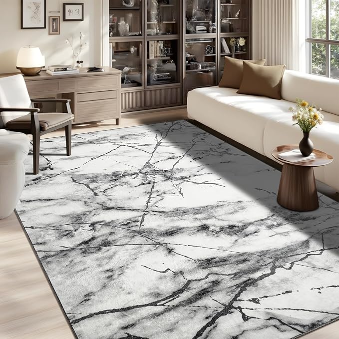 CRYPTOLITE Living Room Rug Washable Abstract Rugs with Non-Slip Backing Low Pile Area Rug for Living Room, Bedroom, Dining Room, 6x9, Silver&Grey