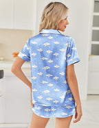 Ekouaer Womens Silk Satin Pajama Sets 2 Piece Button Down Silk Pjs Shorts Sets Cute Print Short Sleeve Sleepwear S-4XL