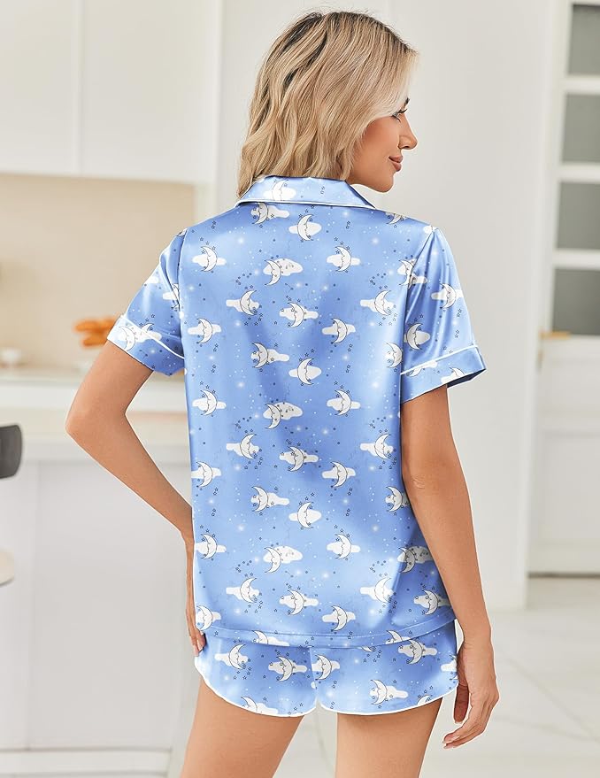 Ekouaer Womens Silk Satin Pajama Sets 2 Piece Button Down Silk Pjs Shorts Sets Cute Print Short Sleeve Sleepwear S-4XL