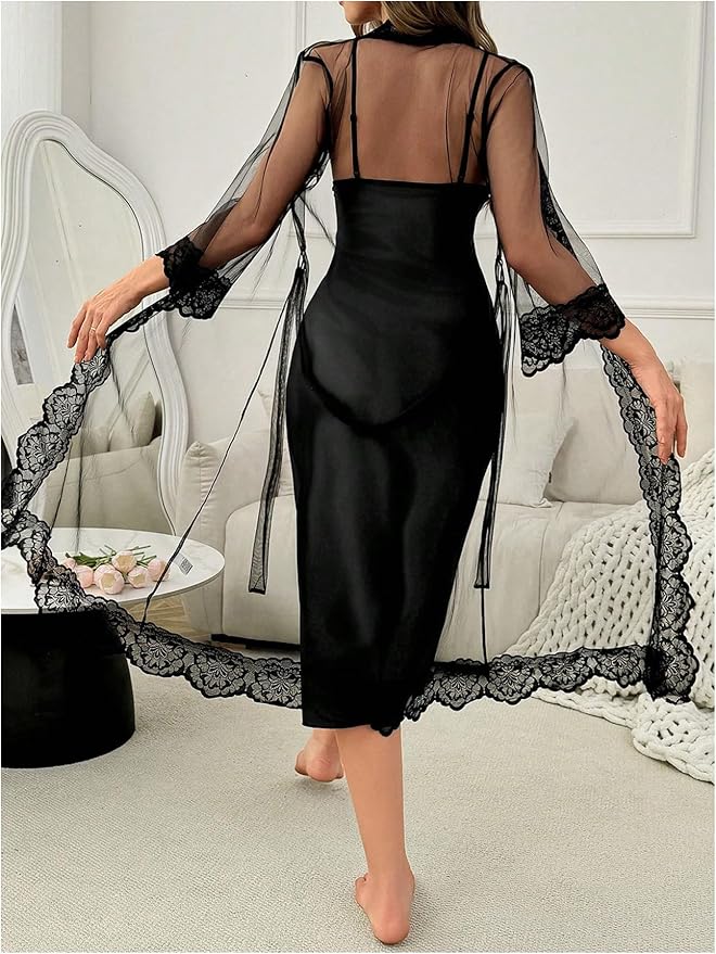 OYOANGLE Women's Mesh Robe Set 2 Pieces Pajamas Sets Sexy Soft Robe with Silk Satin V Neck Cami Dress Nightgown