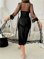 OYOANGLE Women's Mesh Robe Set 2 Pieces Pajamas Sets Sexy Soft Robe with Silk Satin V Neck Cami Dress Nightgown