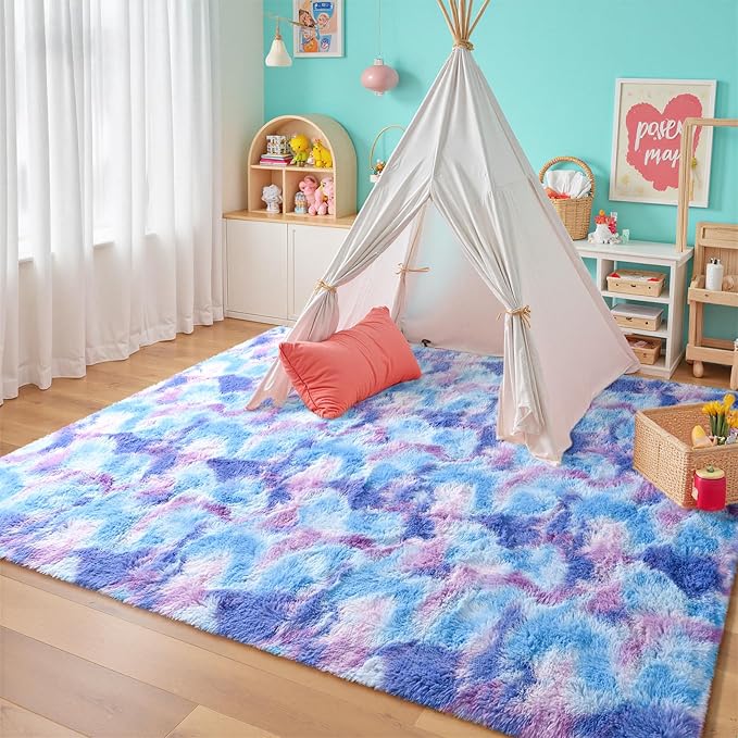 junovo 3x5 Washable Area Rug for Girls Bedroom, Purple Soft Non-Slip Fluffy Bedside Rugs, Shag Plush Memory Foam Carpet for Kids Room Baby Nursery Home Decor Aesthetic