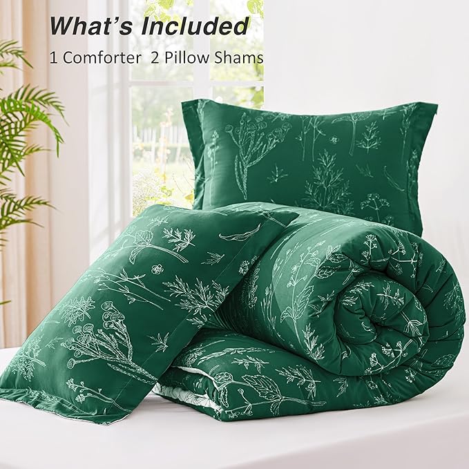 Love's cabin Emerald Full Comforter Set - Full Size Comforter Set, 3 Pieces Cute Floral Bedding Sets for All Seasons,1 Soft Reversible Botanical Flowers Comforter and 2 Pillow Shams