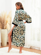 Hellomamma Womens Satin Silk Robe: Lightweight 3/4 Sleeve Comfy Floral Print Kimono Sleepwear for Bride Wedding Party Gift
