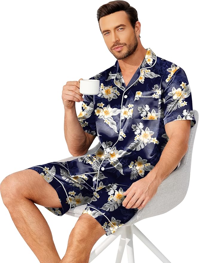 Ekouaer Mens Pajamas Set Silk Satin Sleepwear Short Sleeve Button Down Pjs Set 2 Piece Loungewear with Pockets S-XXL