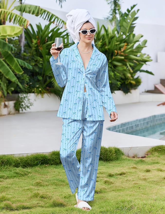 Ekouaer Pajamas For Women Set Silk Pjs 2 Piece Satin Sleepwear Long Sleeve Button Down Lounge Sets With Pant