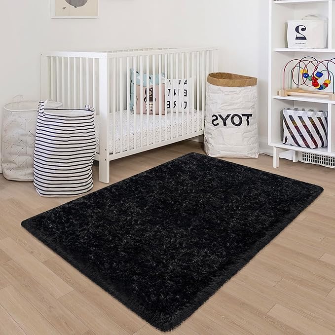 Black Shaggy Rugs for Bedroom Living Room 3x5 Plush Fluffy Rug Soft Fuzzy Fur Home Decor Non Slip Modern Indoor Furry Floor Carpet Throw Area Rug for Nursery Kids Boys Room Dorm Office