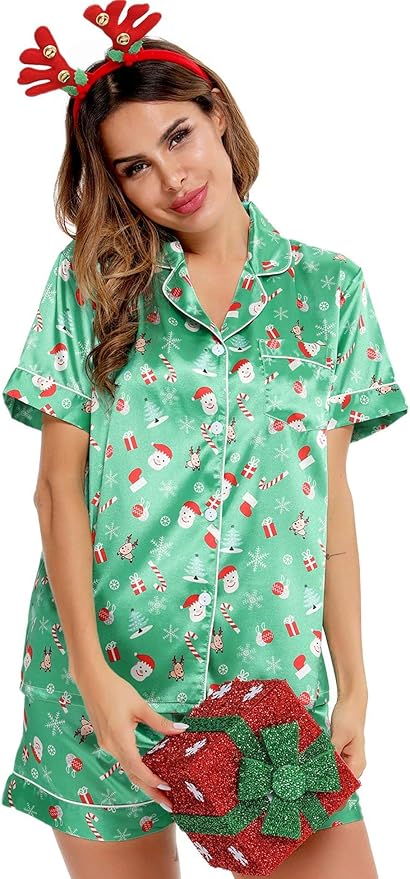 SWOMOG Womens Silk Satin Pajamas Set Short Sleeve Sleepwear Button Down Top and Shorts Loungewear 2 Piece Pjs Set XS-3XL