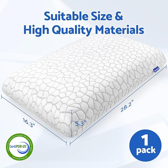 CushZone Memory Foam Pillows for Sleeping, Bed Pillow with Removable and Machine Washable Cover, Bed Pillow for Side, Back and Stomach Sleepers, Queen Size (1 Pack)