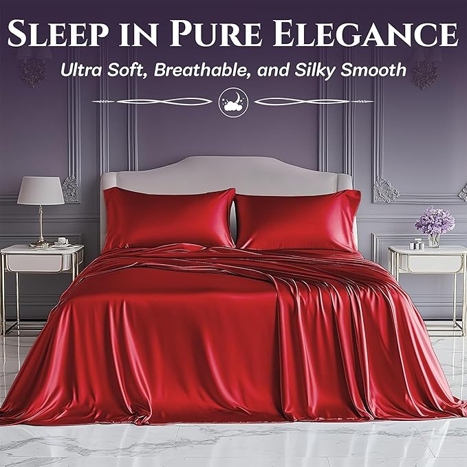SLEEP SANCTUARY Satin Sheets Twin Size – 3 Piece Luxury Silky Bed Set, Softer Than Silk, 15" Deep Pocket, Cooling & Wrinkle-Free, Moisture-Wicking & Breathable for Hair & Skin (Red)