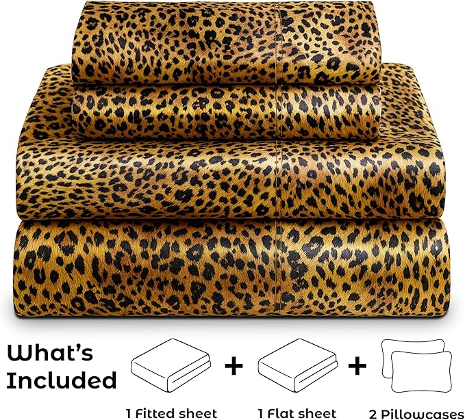 Satin Sheets Full [4-Piece, Gold Leopard] Hotel Luxury Silky Bed Sheets - Extra Soft 1800 Microfiber Sheet Set, Wrinkle, Fade, Stain Resistant - Deep Pocket Fitted Sheet, Flat Sheet, Pillow Cases