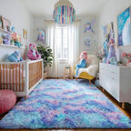 Amdrebio Blue Purple Rainbow Rugs for Bedroom Girls Room Decor, 5x7 Fluffy Cute Area Rugs for Kids Room Playroom Nursery Dorm, Mermaid Stitch Frozen Fuzzy Carpet, Plush Kawaii Furry Baby Toddler Rug