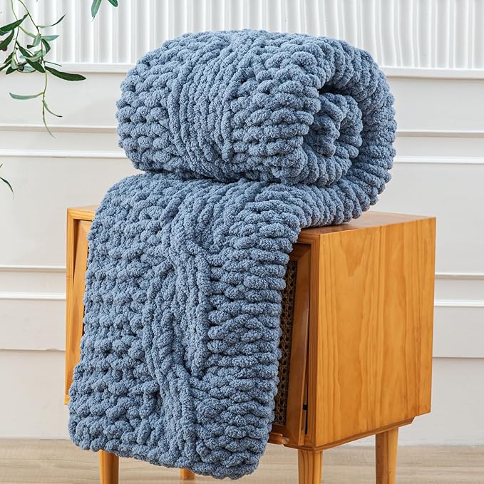 WESHIONGOO Chunky Knit Blanket Throw 50"×60" Knitted Throw Blankets for Couch Bed Fluffy Soft Blanket with Jumbo Chenille Yarn Thick 100% Handmade (Dusty Blue)