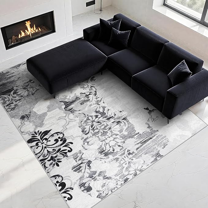 CRYPTOLITE Area Rugs 9x12 Rug for Living Room Abstract Washable Rug with Non-Slip Backing Low Pile Area Rugs for Bedroom, Dining Room, Grey