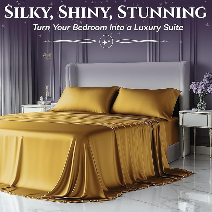SLEEP SANCTUARY Satin Sheets King Size – 4 Piece Luxury Silky Bed Set, Softer Than Silk, 15" Deep Pocket, Cooling & Wrinkle-Free, Moisture-Wicking & Breathable for Hair & Skin (Gold)