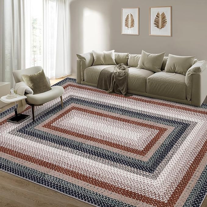 RUGSREAL Machine Washable Area Rug 6x9 Braided Rug for Living Room Modern Braid Printed Large Bedroom Rug Non Slip Dining Room Throw Rug Farmhouse Accent Carpet for Home Decor, Olive/Brown