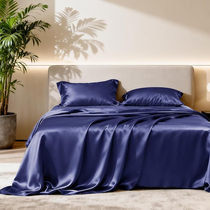 Love's cabin Full Size Satin Sheet Sets - 4 Piece Navy Blue Silky Sheet Set Full with Deep Pocket, Luxury Silk Feel Satin Bed Sheets Full Bedding Set (1 Flat Sheet,1 Fitted Sheet,2 Pillow Cases)