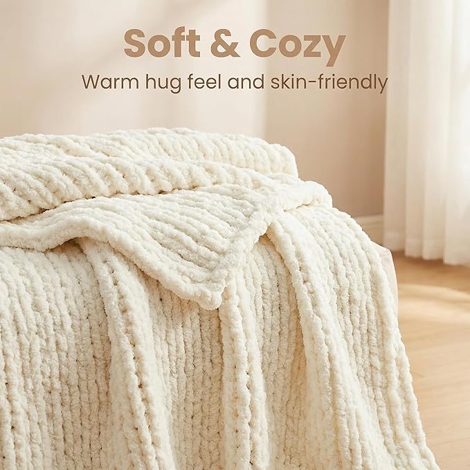 Amélie Home Chunky Knit Throw Blanket for Couch, Soft Chenille Handmade Crochet Throw Rope Knot Blanket for Couch, 50"x60", Ivory