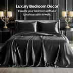 BEDELITE King Size Sheets Set, Luxury Soft Black Satin Sheets for Hair and Skin, Similar to Silk Bed Sheets Set 4 Pieces with 1 Deep Pocket Fitted Sheet, 1 Flat Sheet, and 2 Pillowcases