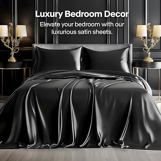 BEDELITE Satin Sheets Full XL Size Bed Set, Luxury Soft Black Silky Sheets for Hair and Skin, Similar to Silk Bed Sheets Set 4 Pieces with 1 Deep Pocket Fitted Sheet, 1 Flat Sheet, 2 Pillowcases