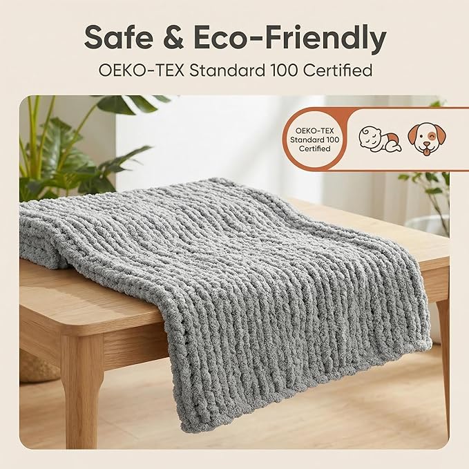 Amélie Home Chunky Knit Throw Blanket for Couch, Soft Chenille Handmade Crochet Throw Rope Knot Blanket for Children, 40"x50", Light Grey