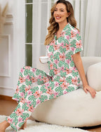SWOMOG Women Satin Pajamas Set Short Sleeve Top & Pants Sleepwear Silky Button Down Nightwear 2pcs Loungewear Pjs Set
