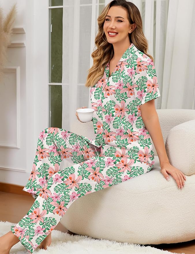 SWOMOG Women Satin Pajamas Set Short Sleeve Top & Pants Sleepwear Silky Button Down Nightwear 2pcs Loungewear Pjs Set