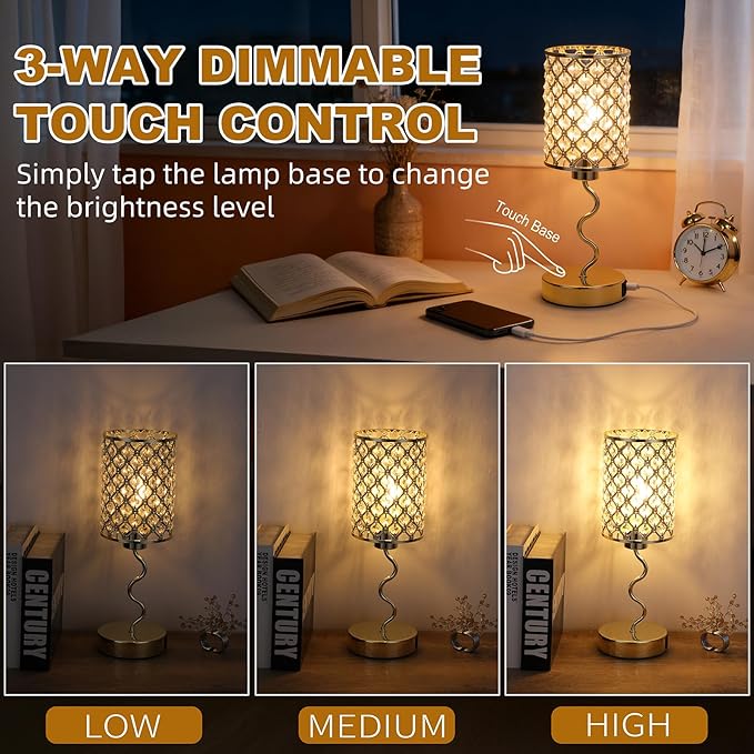 EOEYYOYB Crystal Table Lamp with 3 Way Dimmable Touch Control, Nightstand with USB A+C Ports, Modern Bedside Touch Lamp for Bedroom, Living Room, Office Reading, Gold