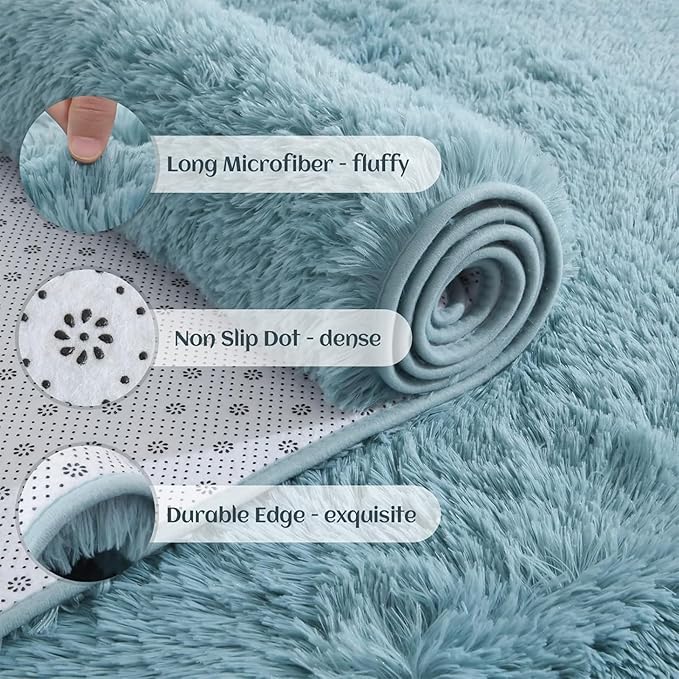 YJ.GWL Area Rugs for Living Room Bedroom, 3x5 Machine Washable Small Teal Bedside Rug, Soft Fluffy Shaggy Thick Shag Indoor Floor Carpet for Kids Boy and Girls Room Preppy Dorm Home Decor Aesthetic