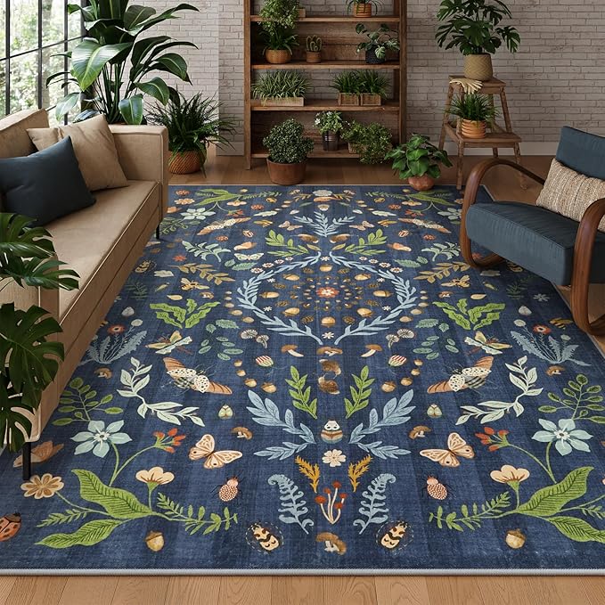Lahome Chloe Insect Botanical Washable 8x10 Area Rugs for Living Room, Non Slip Blue Rug for Bedroom, Boho Indoor Throw Dining Room Carpet for Under Table Home Office Playroom(Dark Blue,8x10)
