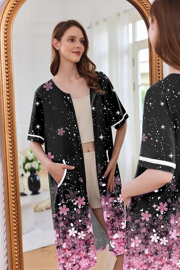 Ekouaer Women Zipper Robe Short Sleeve Duster Housecoat Short Bathrobes Zip Front Nightgown with Pockets S-3XL
